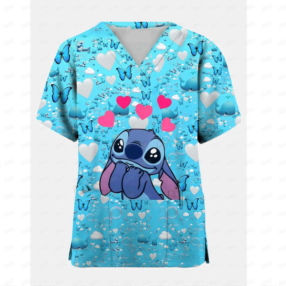 Disney Stitch V Neck Nurse Uniform T-shirt For Girls Womens Hospital Wear T Shirts Woman Pocket Clothes Lady Short Sleeve Top W250617