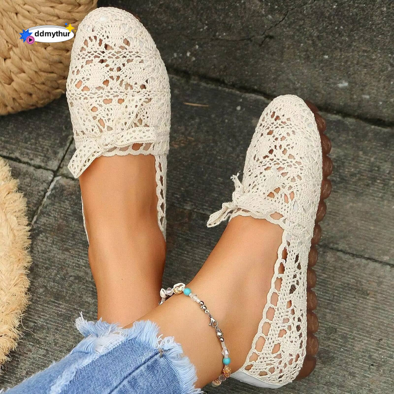 Women Casual Soft Sole Summer Flat Lace Bow Shoes Women's Hollow Out Air Mesh Loafers Womens Solid Color Sandals ddmythur