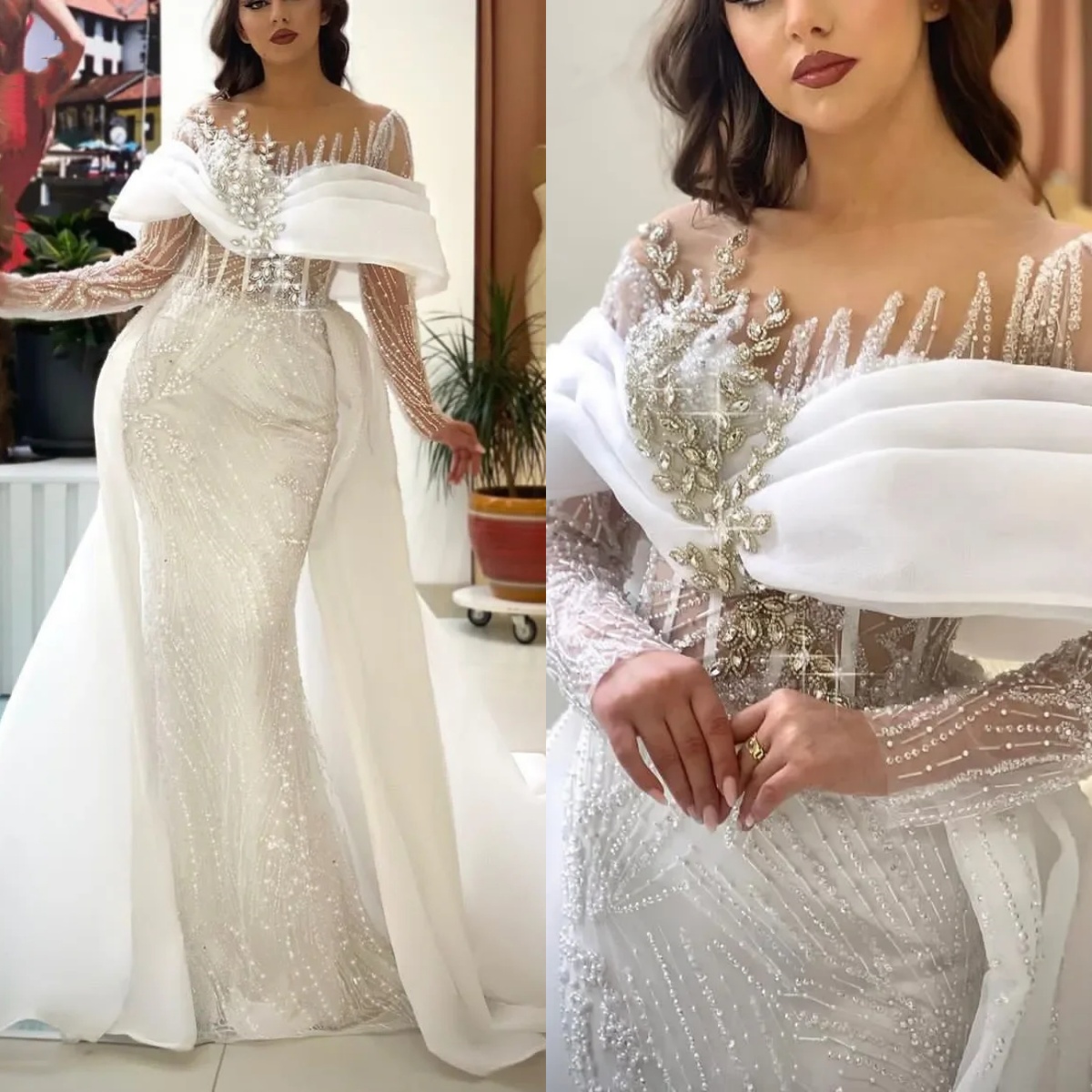 Gorgeous Wedding Dresses Crystal Beading Bridal Gowns with Overskirt Mermaid Rhinestone Shiny Customized Bride Vestidos De Novia Plus Size