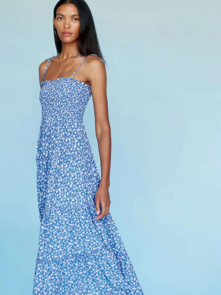 Bodysuit Women Dress Partydress Summer Dresses for Women Skirt 514 Summer New 2025 Blue Printed Long Slim Fit Strap Dress French Style Womens Fashion