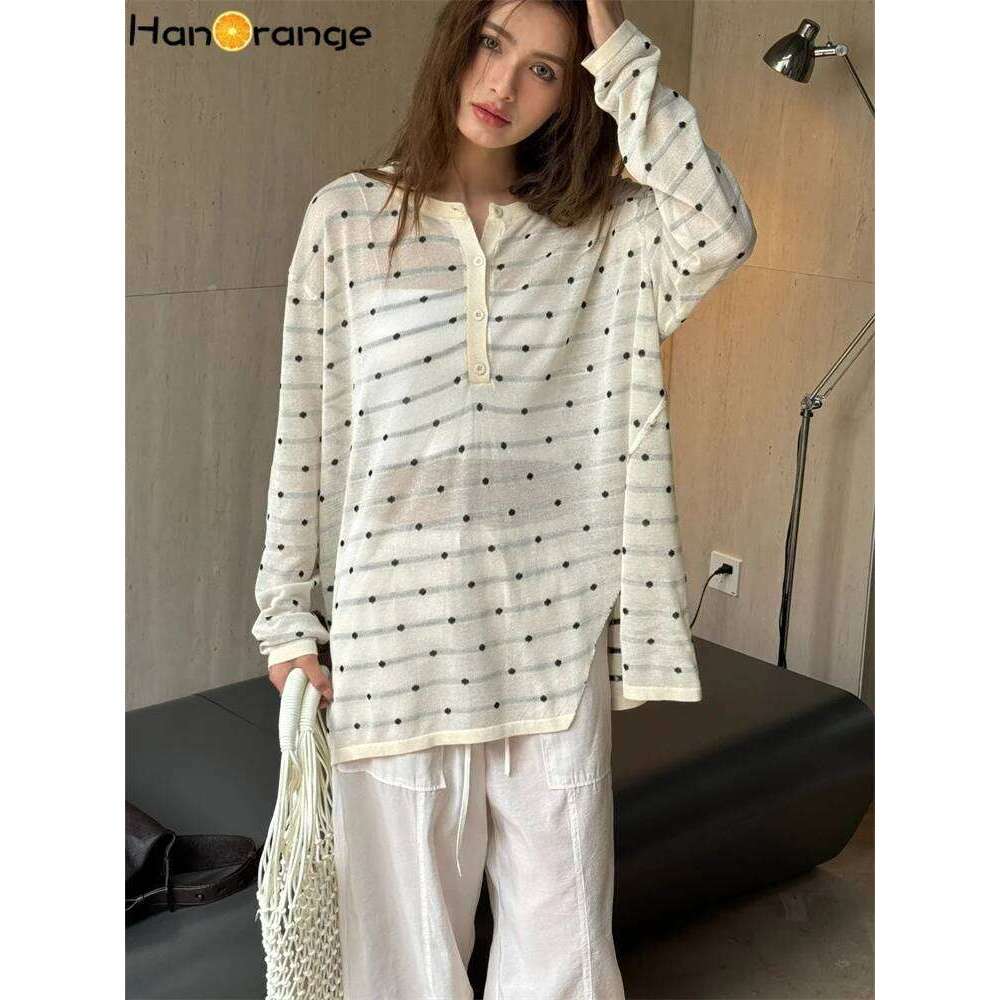 HanOrange 2024 Summer Retro Lazy Polka Dot Knitted Sweater Women Lightweight Breathable Loose Knitting Top Apricot/Black