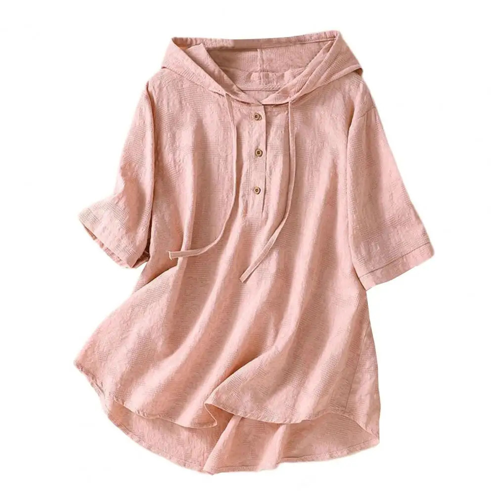 Elegant Women Blouse Shirt Hooded Cotton Linen Solid Color Buttons Half Placket Short Sleeve Top Thin Loose Blouse 250614