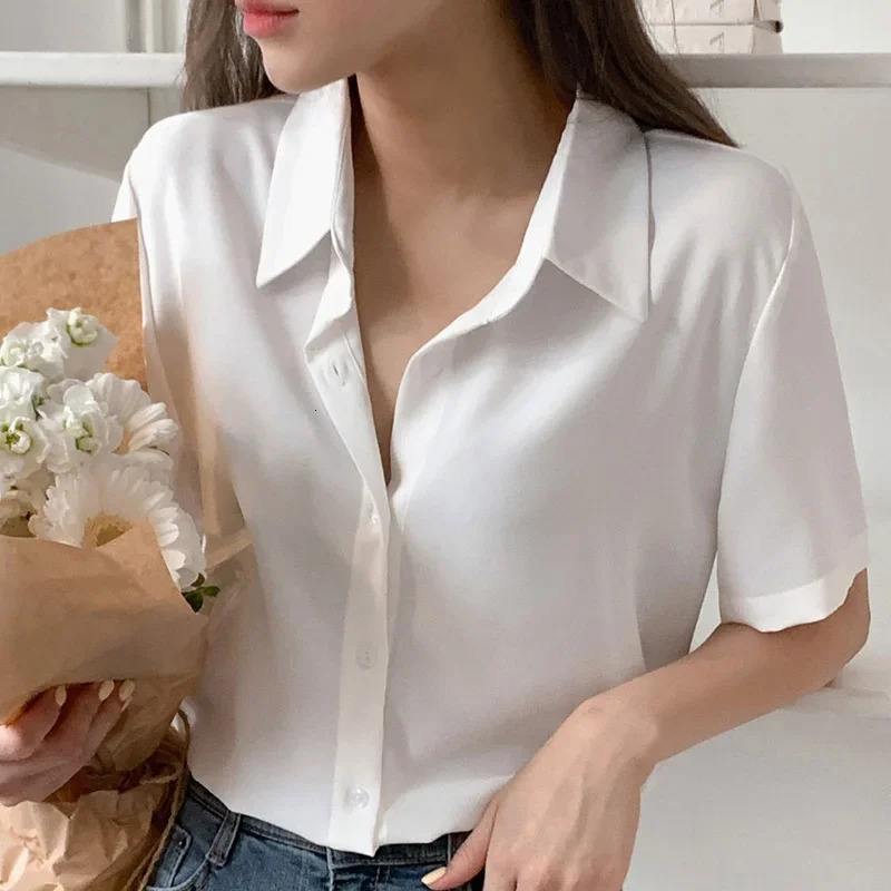 WomenS Korean Chiffon Fashion Cardigan Top Female Summer Loose Thin Trend Slim Versatile Short Sleeve Lapel Neck Shirt 250616