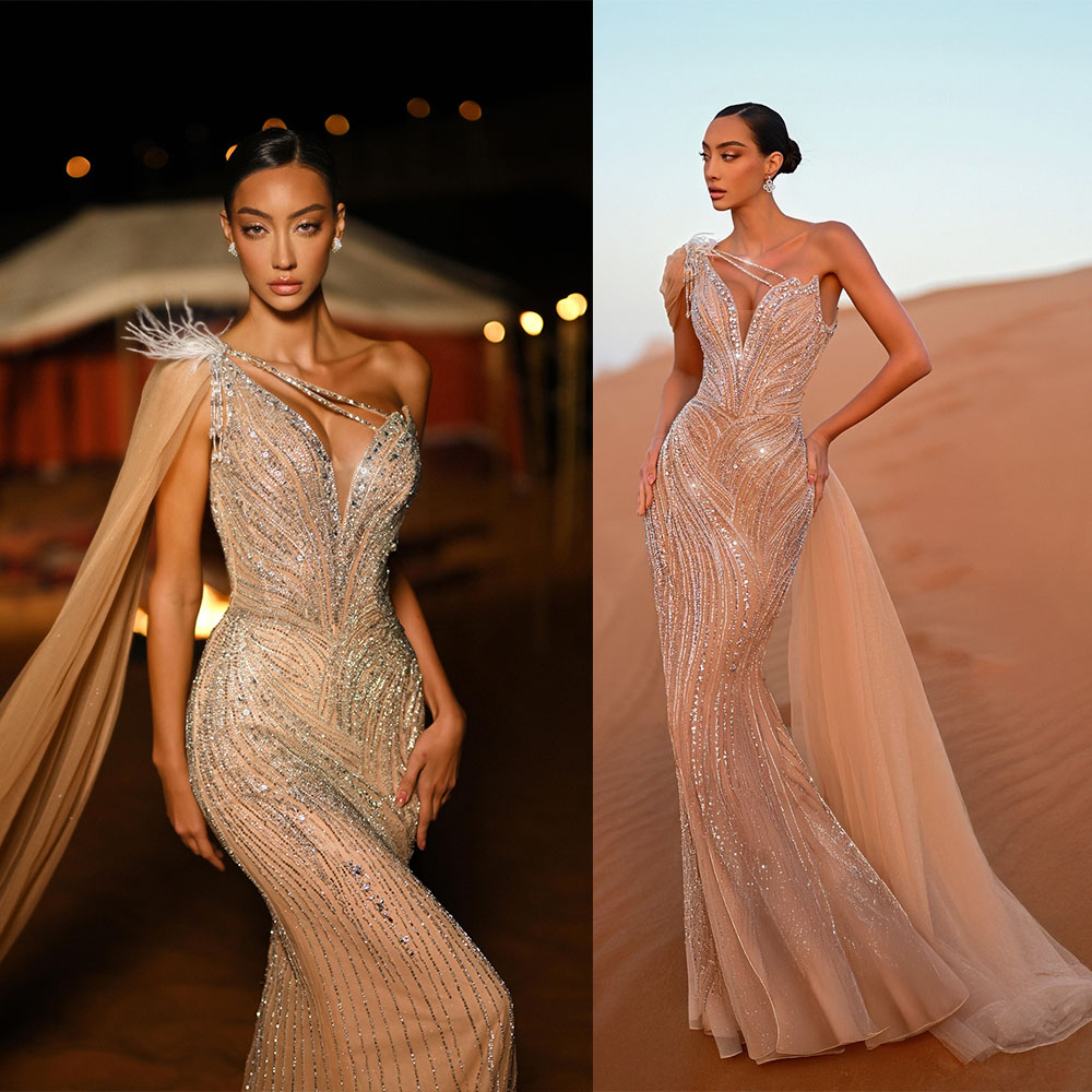Stylish Evening Dresses Sequins One Shoulder Prom Dress Beading Mermaid Sleeveless Rhinestone Feather Party Gowns Vestidos De Noche Plus Size