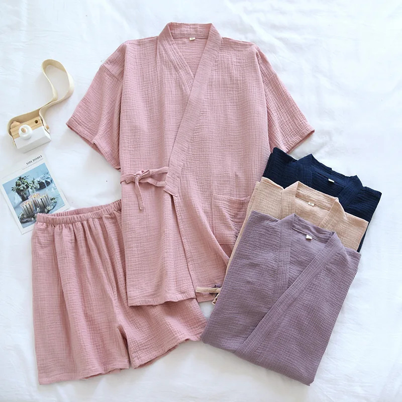 Summer Style Japanese Kimono Pajamas Suit Couple Thin Cotton Crepe Mens Short-Sleeved Shorts Two-piece Womens Home Service 250616