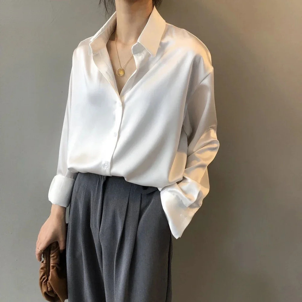 Silk Korean Office Ladies Elegant Shirt Blouse Women tops Fashion Button Up Satin Shirt Long Sleeve Shirts Tops Femme camisas 250616