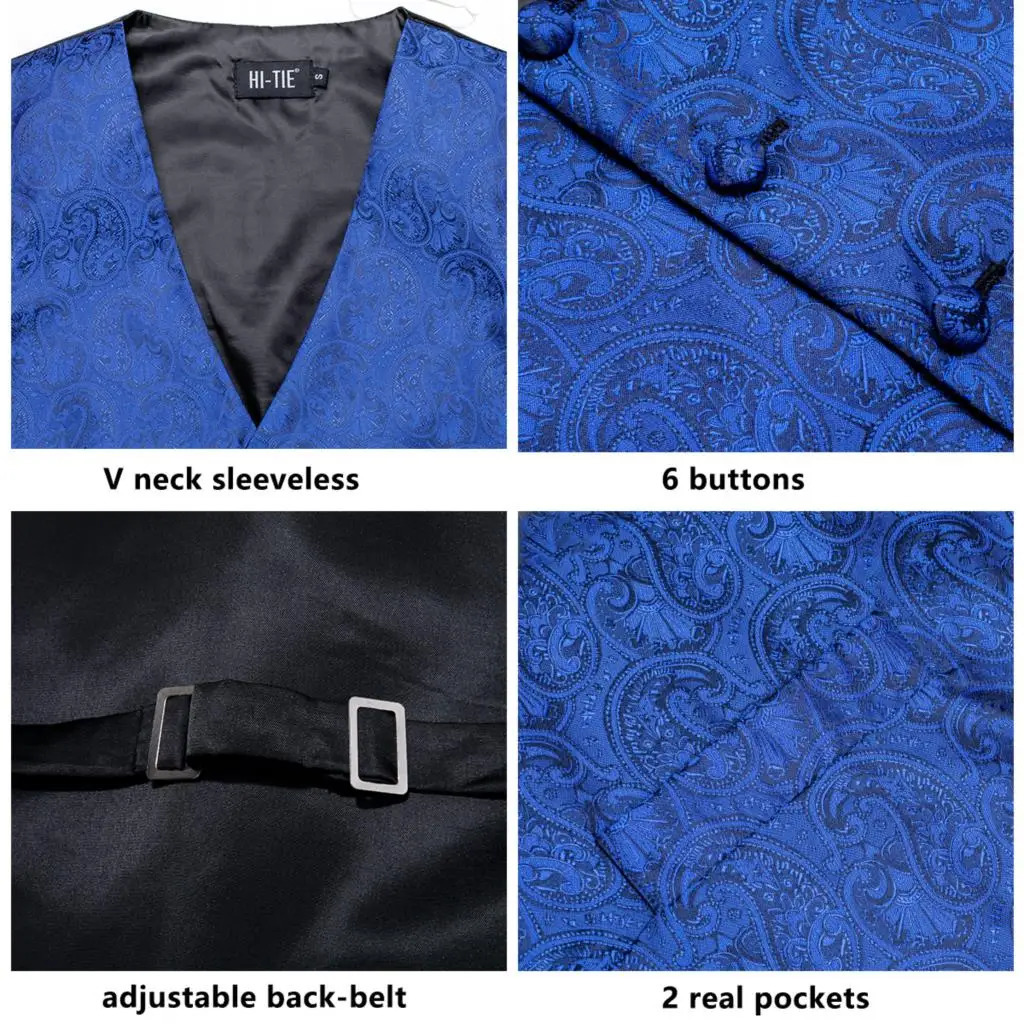 Sky Navy Royal Blue Silk Mens Waistcoat Tie Set Sleeveless Jacket Vest Necktie Hanky Cufflinks Wedding Business Oversized Gift 250614