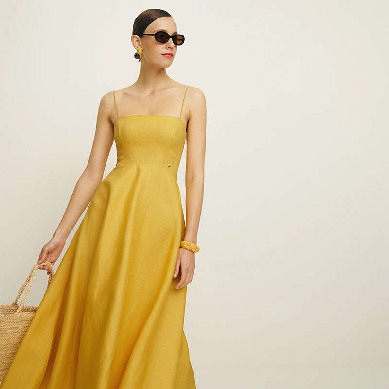Undefined Dress Designer Womandress 796 Summer New 2025 Solid Color Square Neck Slim Fit Strap Midi Dress Linen Vacation Style Women