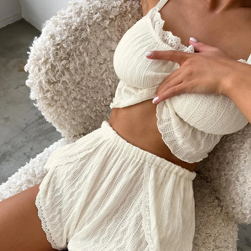 hirigin Lace Patchwork Womens Pajamas Sets Hollow Out Crop Top Sleepwear Sexy Spaghetti Strap Nightwear Shorts Nightie Suits 250616