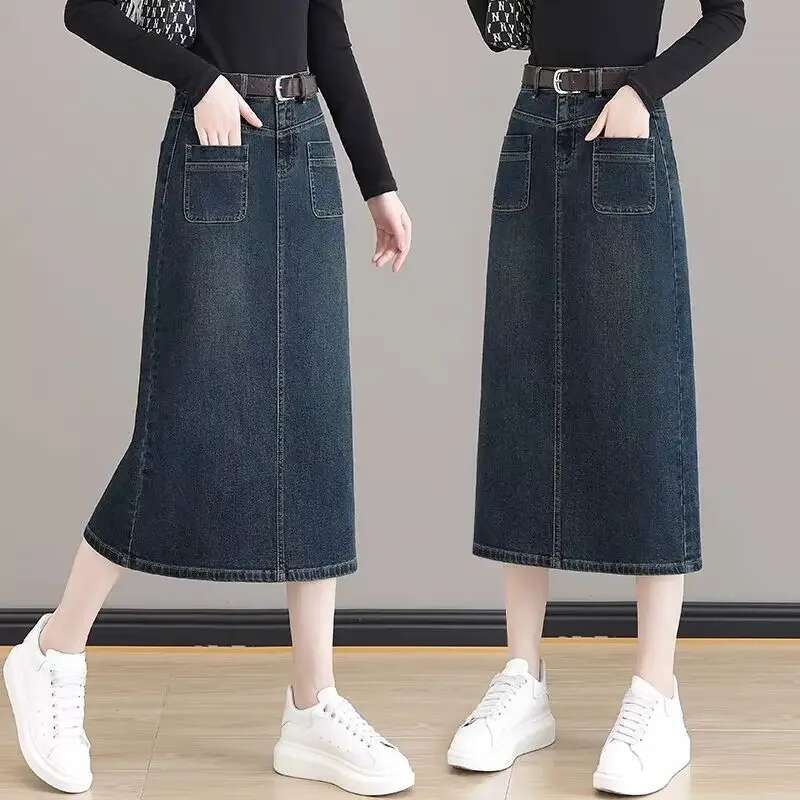 Vintage With Pocket Midi Jeans Skirts for Women Premium Clothing Sales Harajuku Streetwear Chic and Elegant Woman Denim Skirt