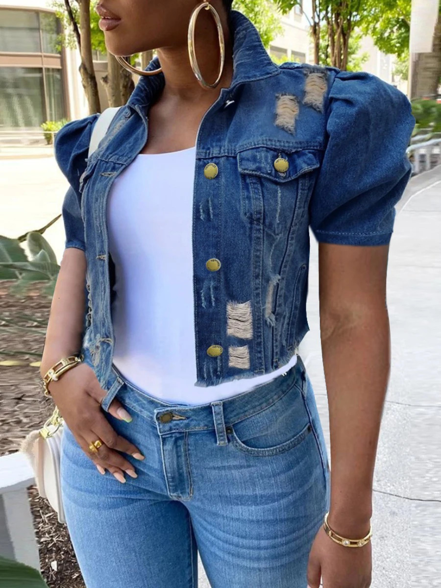 LW Spring Summer Plus Size Puff Sleeve Ripped Denim Jacket Street Plain Short Sleeve Button Turndown Collar Coat for Women 250616