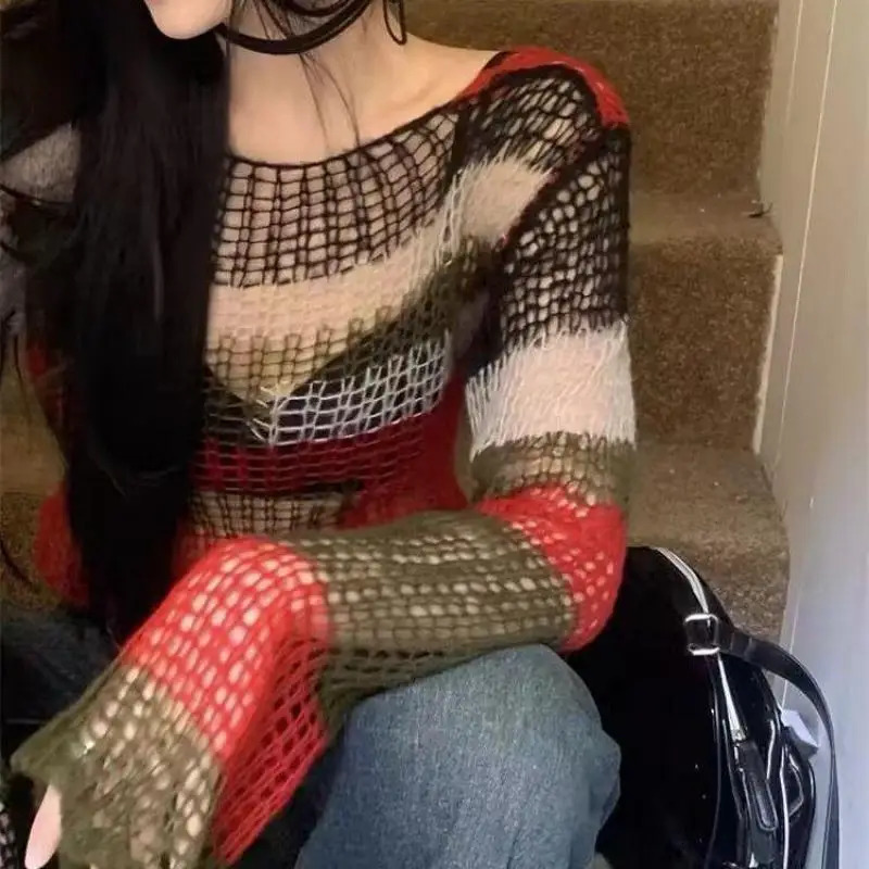 Yedinas Striped Knit Tops Vintage Grunge Hollow Out Jumpers Japanese 2000s Hole Thin Pullover Sweater Women Korean Knitwear Y2k 250614