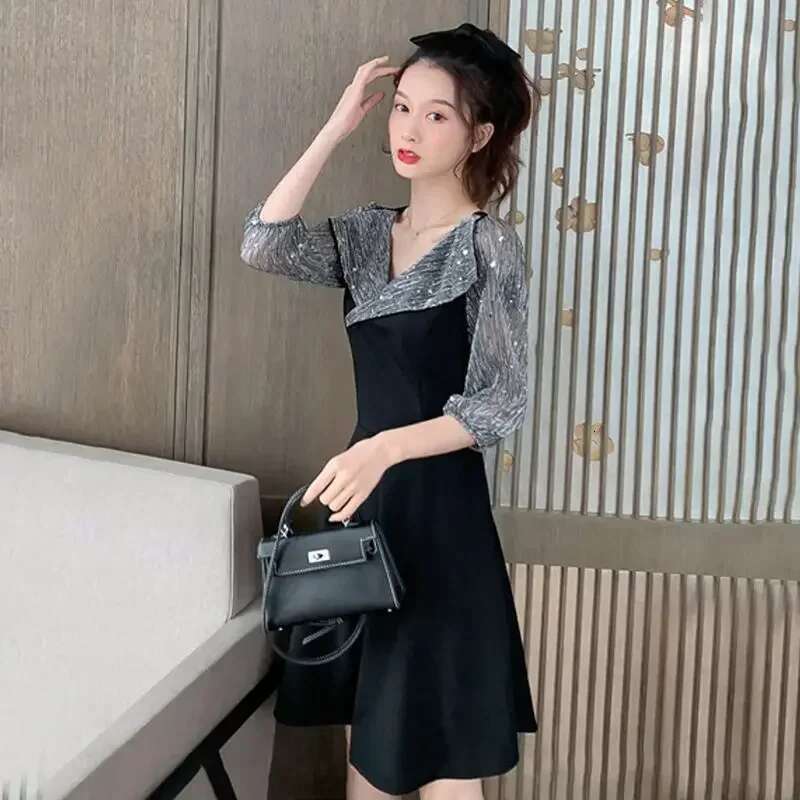 A Line Korean Style Midi Mesh Womens Long Sleeve Dresses New Features of In Fashion Summer 2025 Elegant Party Xxl Female Dress