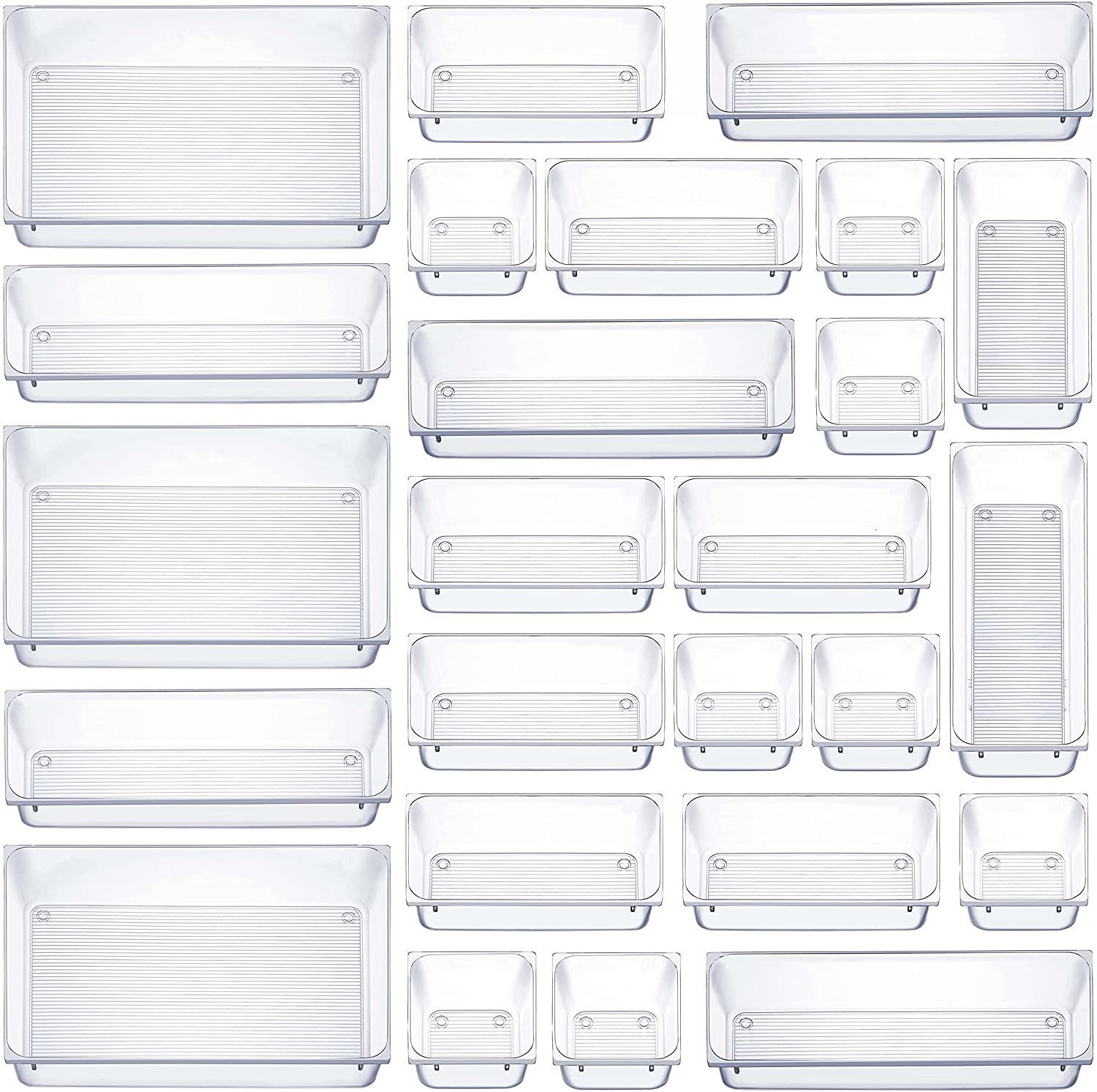 25-Piece Clear Plastic Drawer Organizers for Bathroom Vanity Makeup Stackable 4 Size Set with Adjustable Dividers Fits Kitchen Utensils/Office Supplie