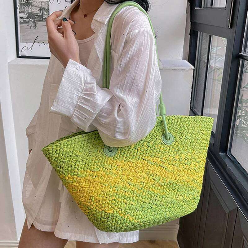 Gradient Color Straw Underarm Shoulder Bag,Summer Beach Vacation Travel Tote Bag,Grass Woven Handbag,Shopper Boho Market Basket