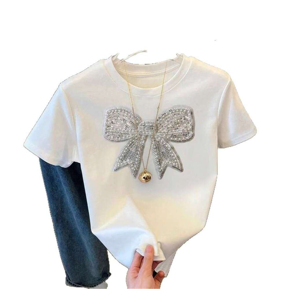 Summer New Women's Fashion Casual Commuter Loose Round Neck Bowknot Print T-Shirt Short B5