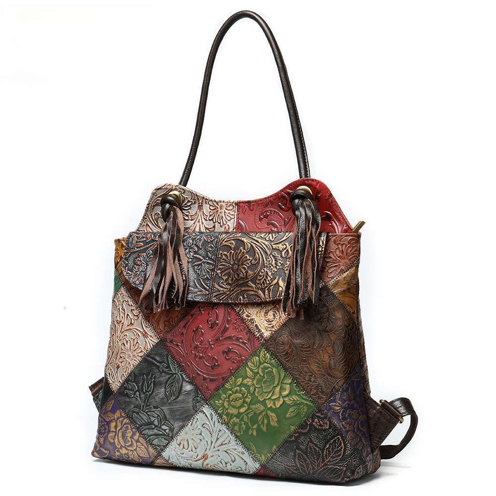 Genuine Leather Women's Bag Ethnic Style Ladies Patchwork Cowhide Large Capacity 13.3Inch Laptop Backpack