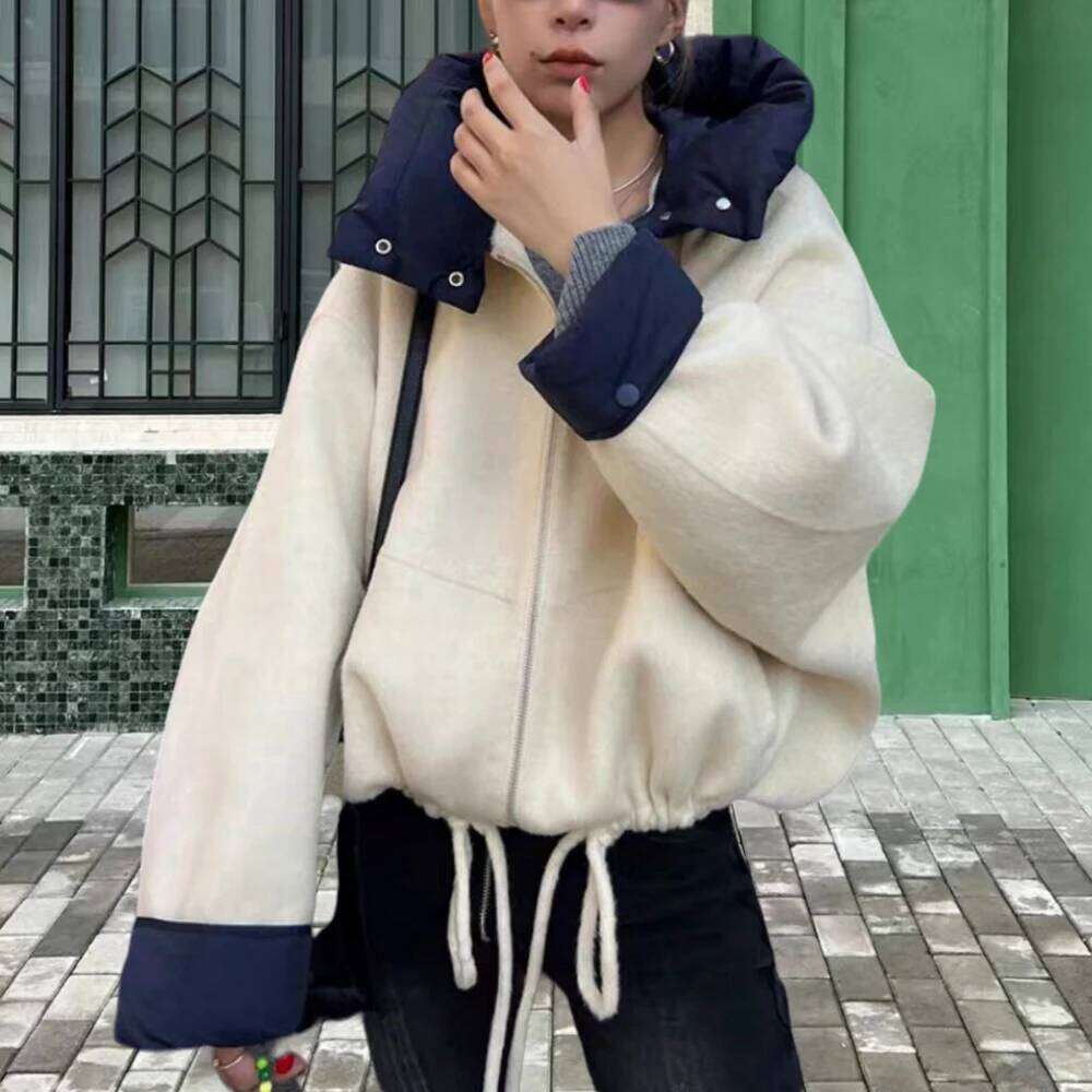 TWOTWINSTYLE Streetwear Casual Coats For Women Stand Collar Hooded Long Sleeve Patchwork Zipper Jackets Female Fashion Clothes