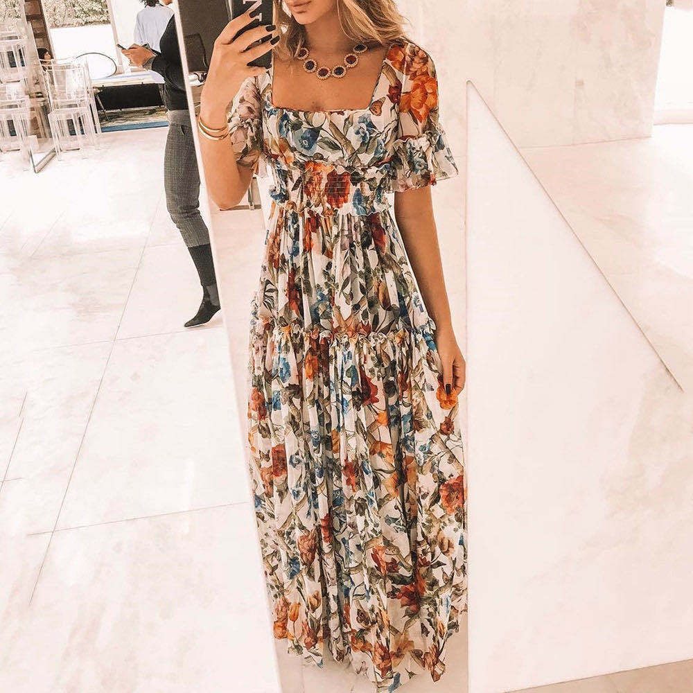 V616European and American high waist dress with square neck and printed lotus sleeves, Bohemian style, slim waist and flower fairy dress