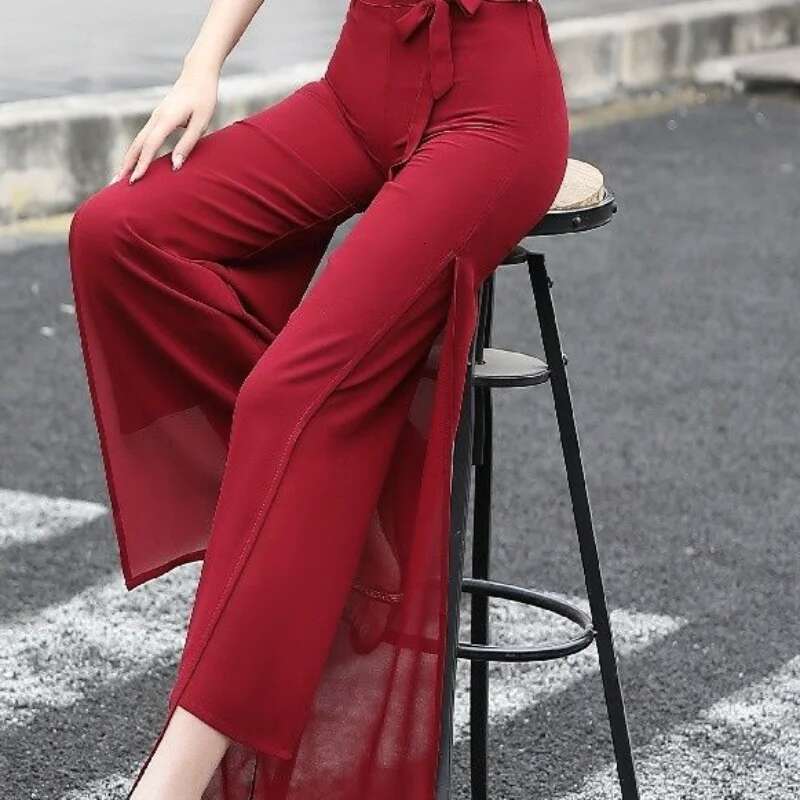Flare Womens Pants Silk Chiffon Satin Ruffle Mesh Clothing Transparent Tulle Trousers for Women Slacks One Size Summer 90s G Xxl
