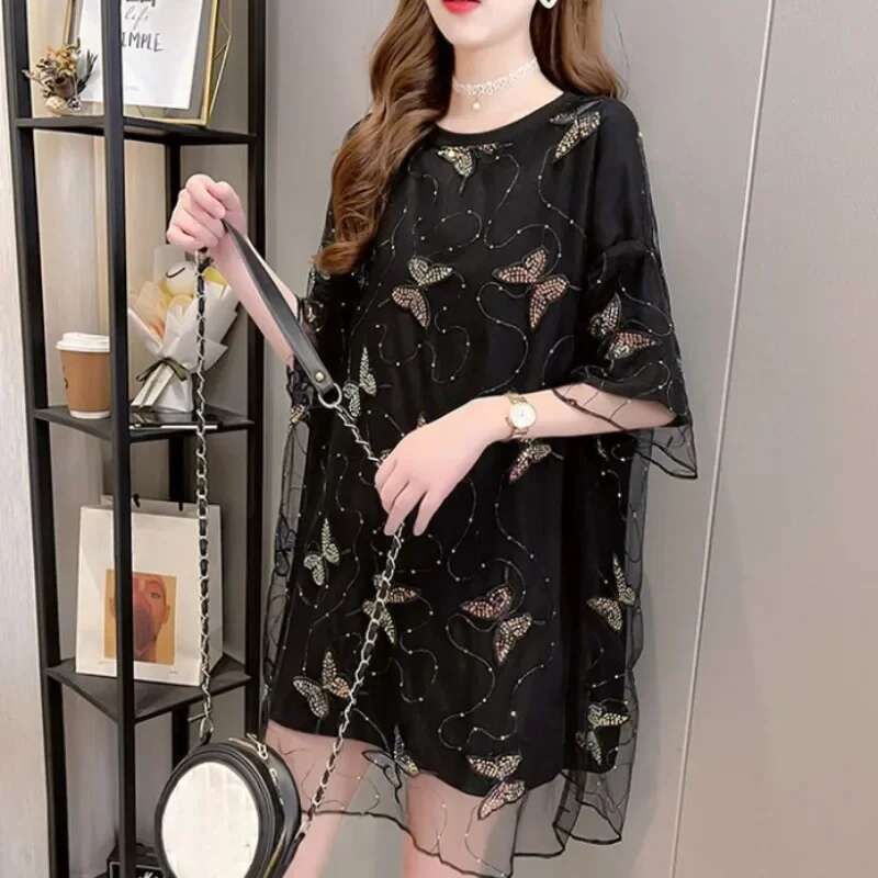 Lace Womens T-shirt Mesh Female Top Aesthetic Clothing Korean Popular Clothes Streetwear Pulovers Youthful 2025 High Quality