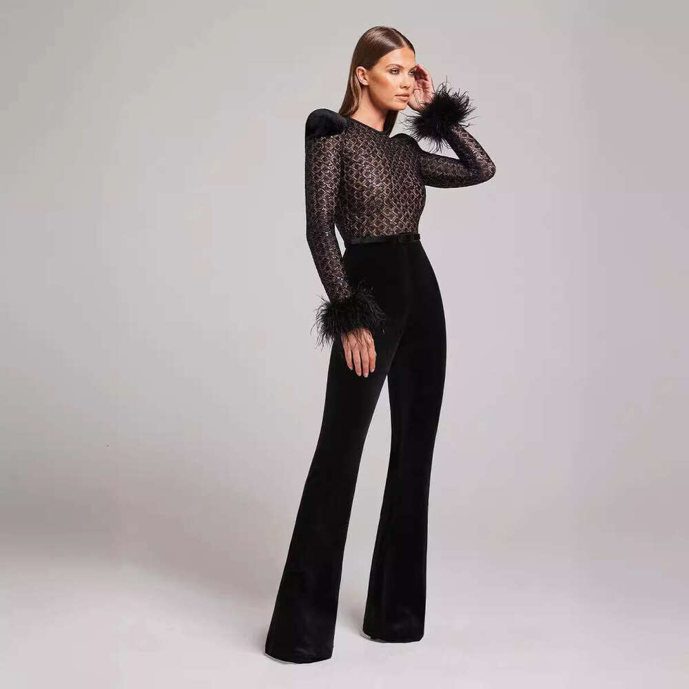 Spring New Fashion Sexy Lace Sequin Feather Bandage Jumpsuit for Women