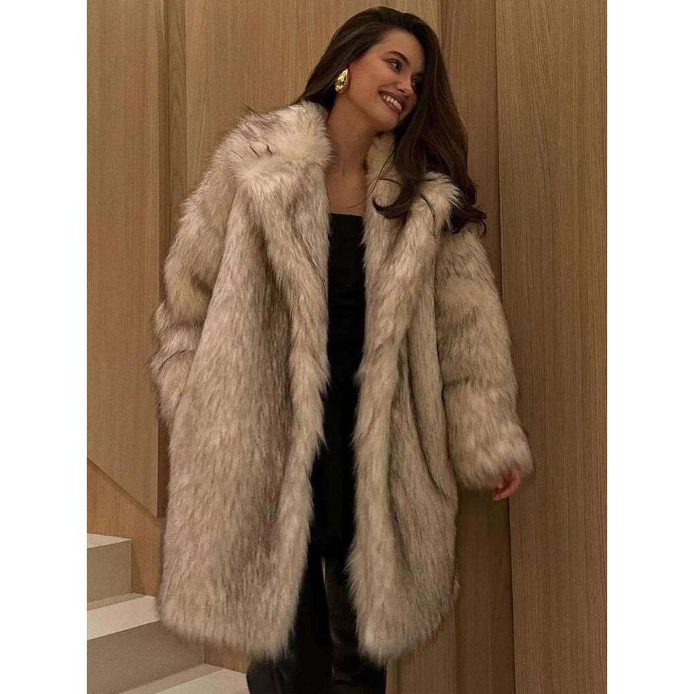 2024 Women Chic Lapel Collar Faux Fur Cropped Coat Elegant Thick Warm Full Sleeve Fluffy Plush Jacket Lady Winter Outwear