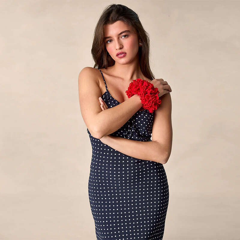 Womandress Fulllace Beach Dress Designer Dress 054 # Rayon Dark Blue Polka Dot Halter Neck Strap Dress 2025 Summer New French Style Womens Fashion