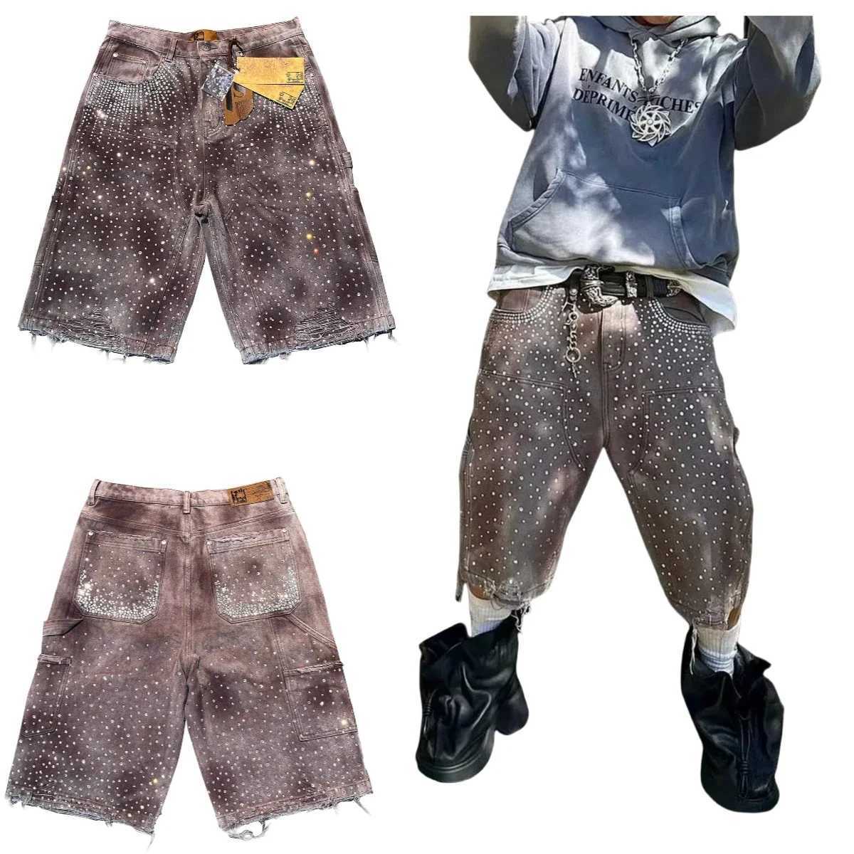 Y2k Shorts Men Retro Hip Hop Rhinestone Pattern Harajuku Fashion Loose Gym Basketball Shorts Goth Casual Sweatpants Streetwear Z250617