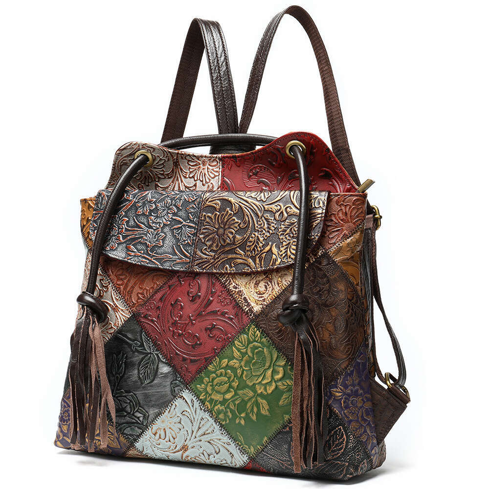 Genuine Leather Women's Bag Ethnic Style Ladies Patchwork Cowhide Large Capacity 13.3Inch Laptop Backpack