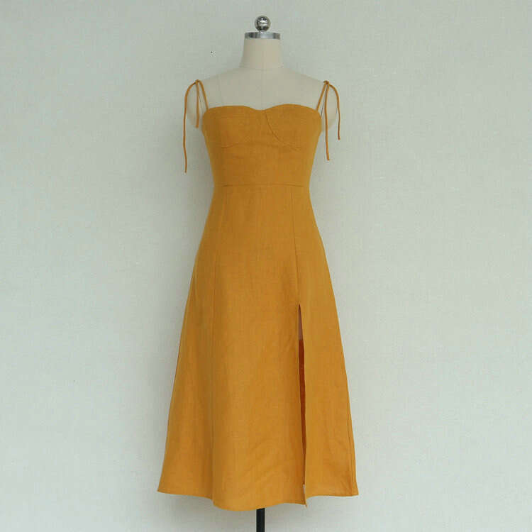 Buttock Sexy Women Dress Partydress N016 Spaghetti Strap Summer Cotton Linen 2025 High-end Mid-length Sexy Backless Split Dress for Women