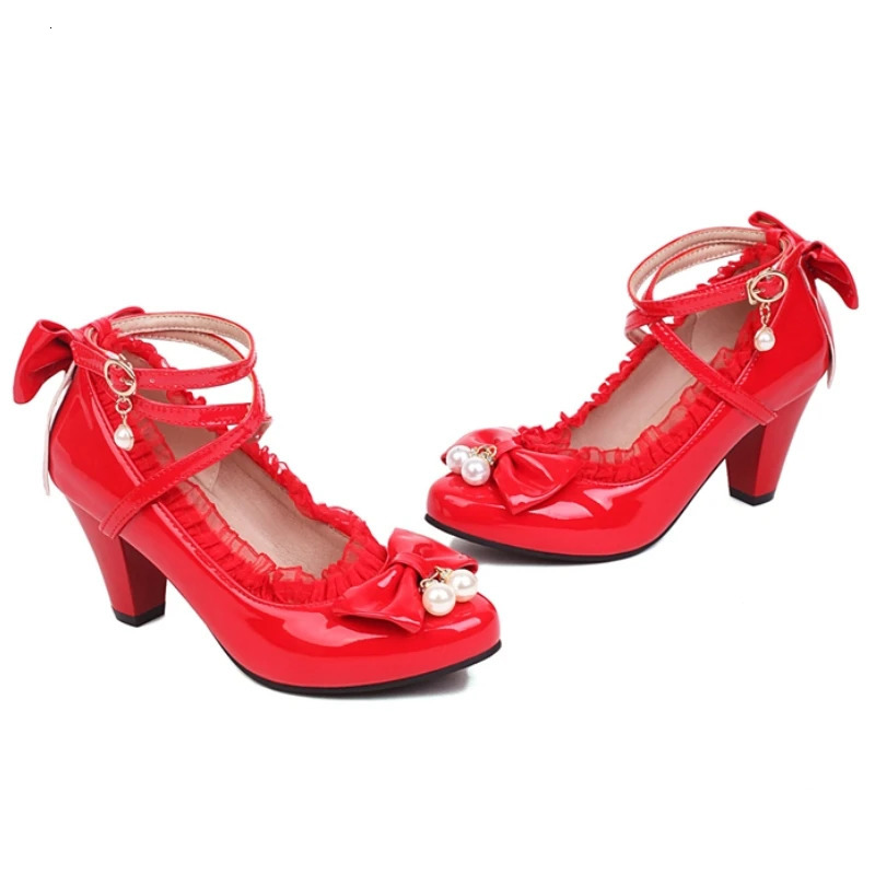 Red Womens Heels Mary Janes Lolitas Shoes Crystal Black White Block Heeled Party Wedding Shoes Female Pumps Big Size 45 250613