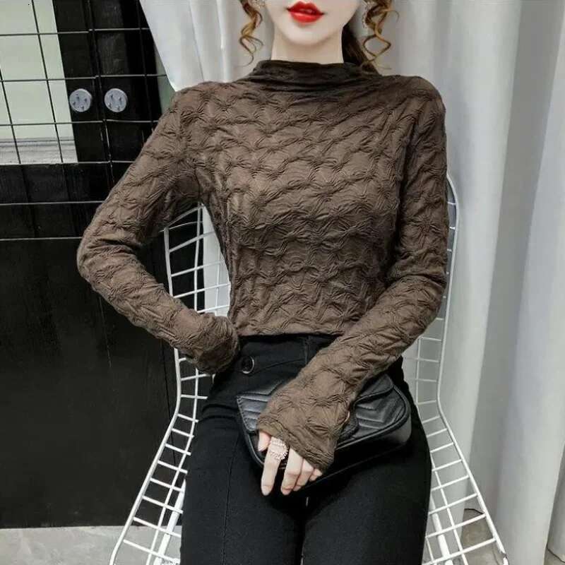 T Shirts Female Autumn Clothes Lace Tees Elegant Top for Women Long Sleeve Pulovers Glitter Loose Cheap 90s Turtleneck Art White
