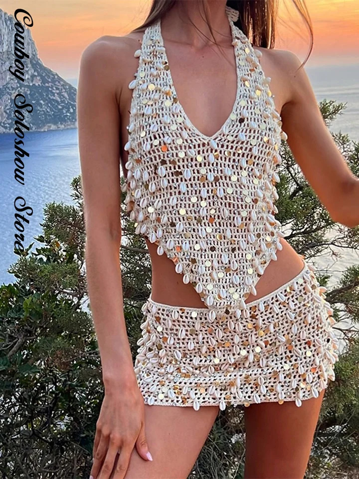 Shell Sequin Vest Skirt Set Women Knitted Halter V-neck Hollow Out Lace Up Backless Top Mini Skirts 2025 Summer Beach Lady Suit 250616