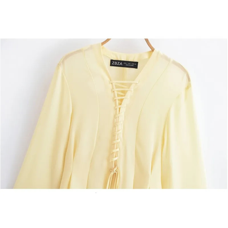 Women Chiffon Blouse With Lace Up Spring V Neck Loose Sleeve Simple Womens Blouse Lightweight Female Chic Shirts Blouses 250617