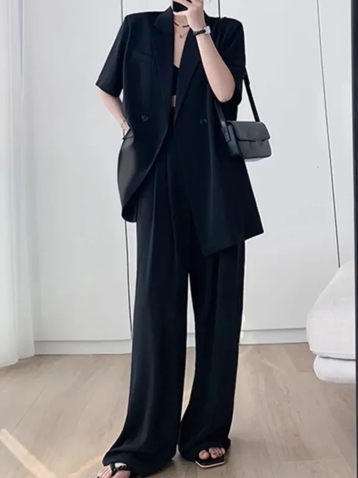 Short Sleeve Wide Leg Pants Blazer Suit Two Piece Set Summer Fashion Work Business Casual Female Clothes 250612