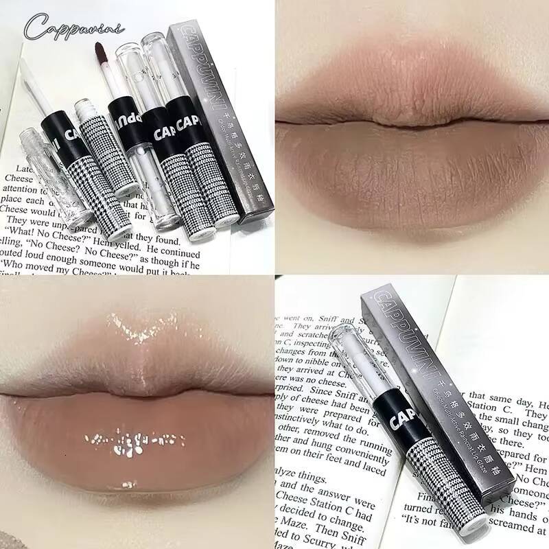 Matte Glaze Double Head Mirror Lipstick Moisturizing Water Gloss Dark Raincoat Solid Color Non-stick Cup Korea Lip Makeup happy