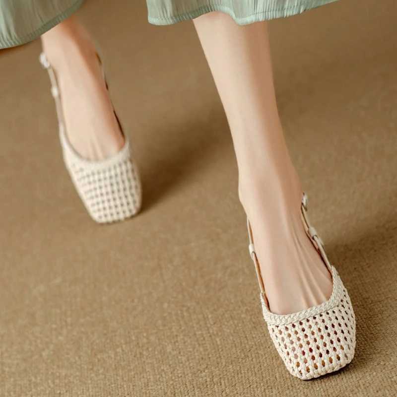 French Square-Toed Woven High-Heeled Sandals 2025 Summer New Skeletonized Fashionable Leather Fabric Mid-Heel Womens Shoes Z250617