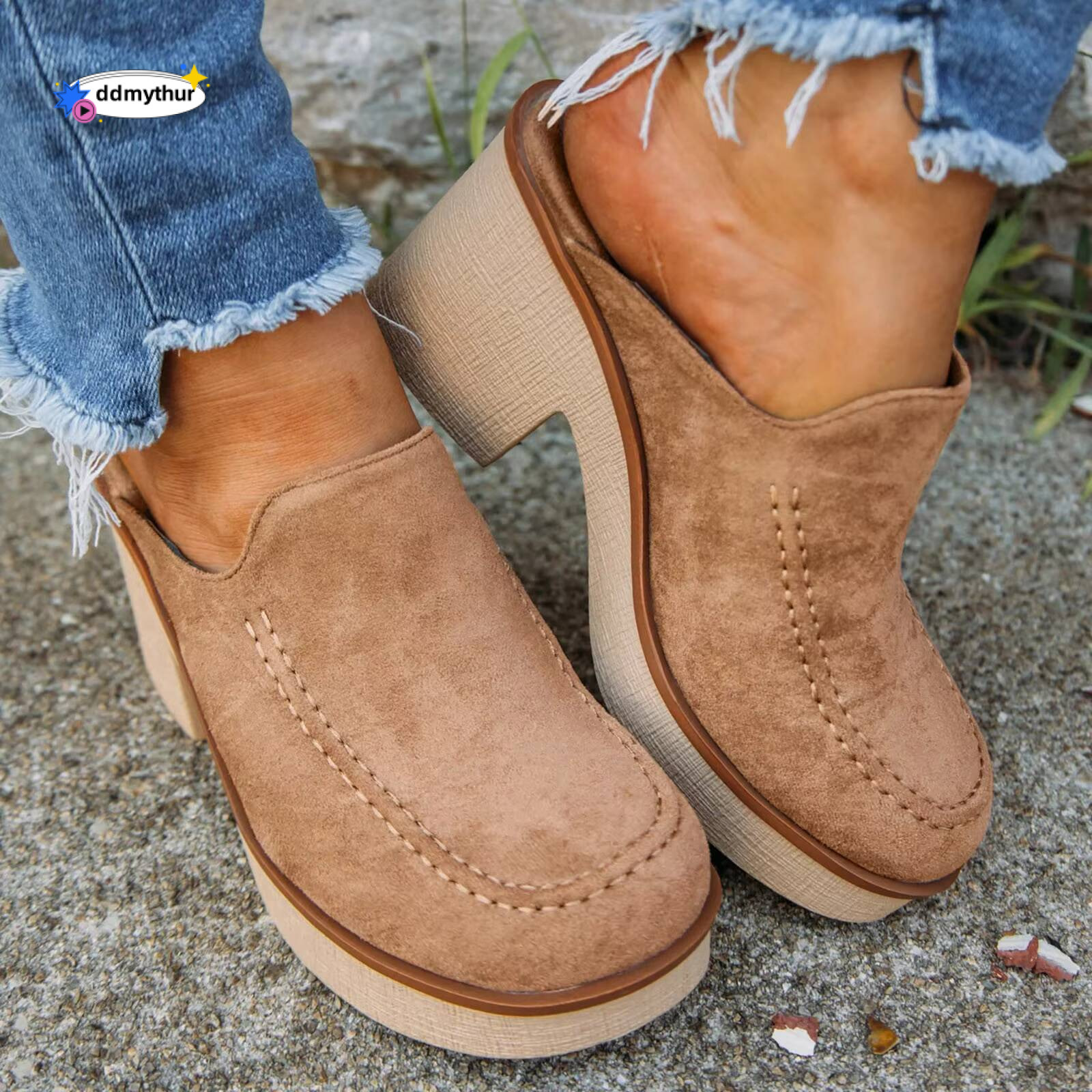 Vintage Womens Cute Summer Slip On Flock Casual Round Toe Square Heels Soft Bottom Small Heel Sandals For Women 2024 ddmythur