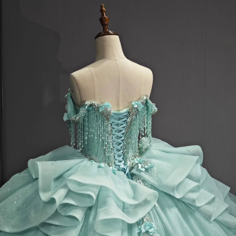 Mint Green Quinceanera Dresses Ball Gown Off The Shoulder Applique Flower Beading Crystal Tull Sweet 16 Dress Vestidos 15 Anos