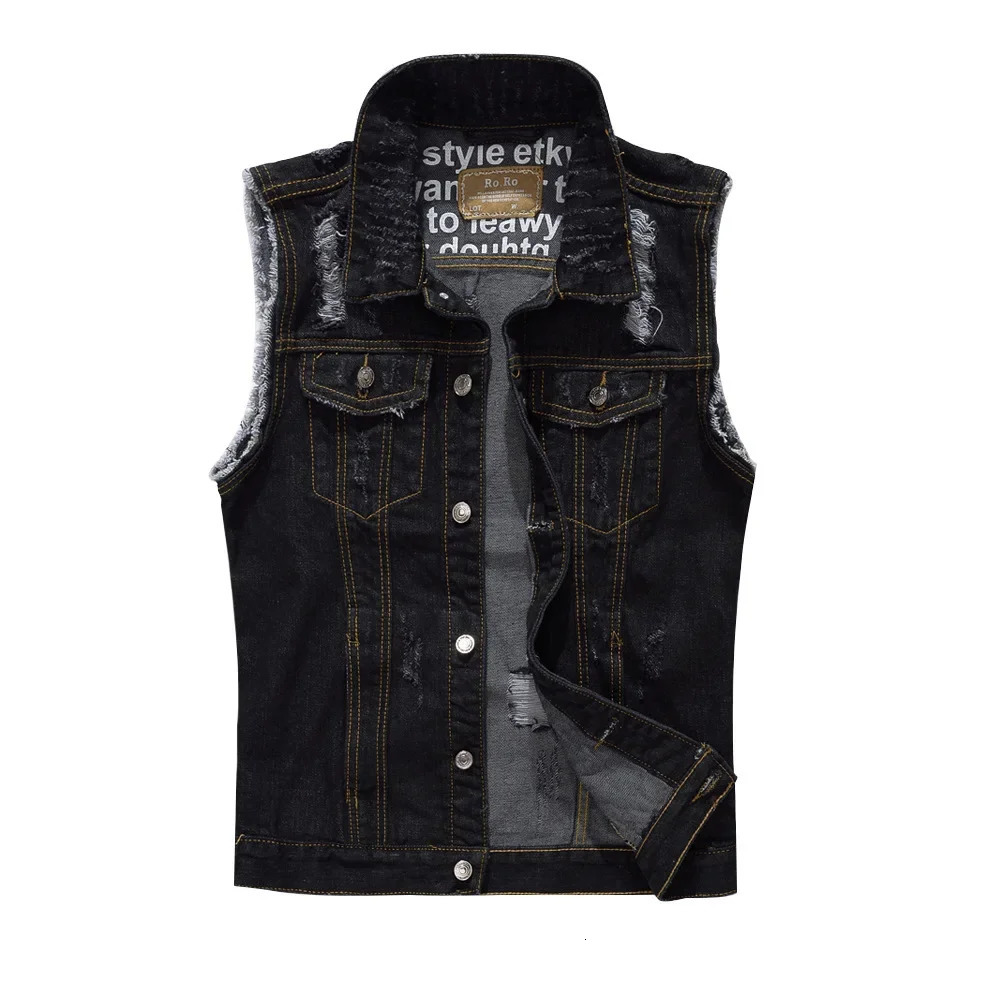 Mens Black Denim Vest Youth Lapel Ripped Casual Vest 250614