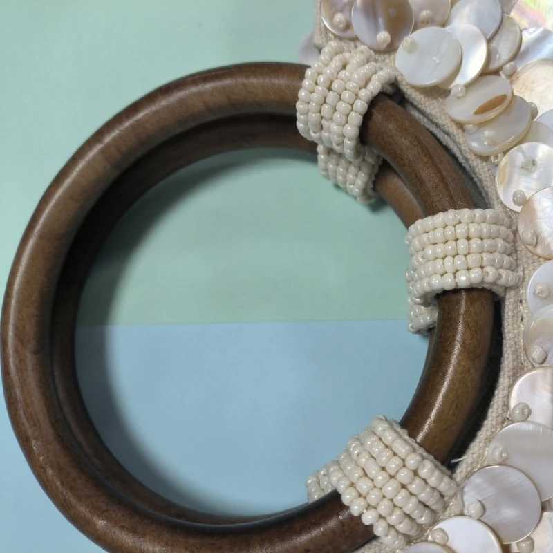 Designer Fairy Shell Handbag Handmade Round Sequin Wooden Handle Tote Bag Women Exquisite Beach Travel Vacation Purse Z250617