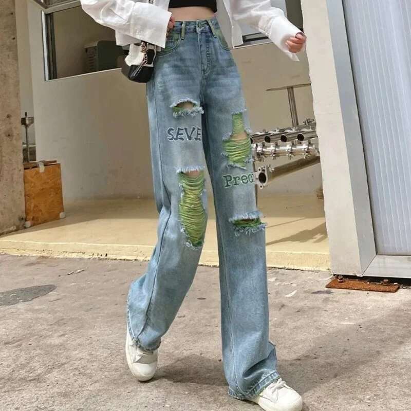Cowboy Pants for Woman 2025 Fashion Letter Womens Ripped Jeans A Harajuku New In Korean Style Shiny R Trend With Holes Trousers