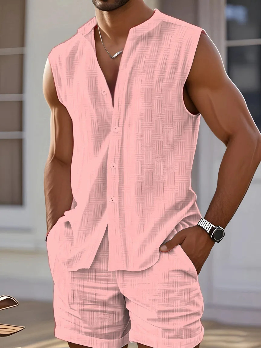 2025 summer mens casual sports sleeveless vest shirt fashion loose comfortable outdoor sleeveless shorts beach two sets 250616