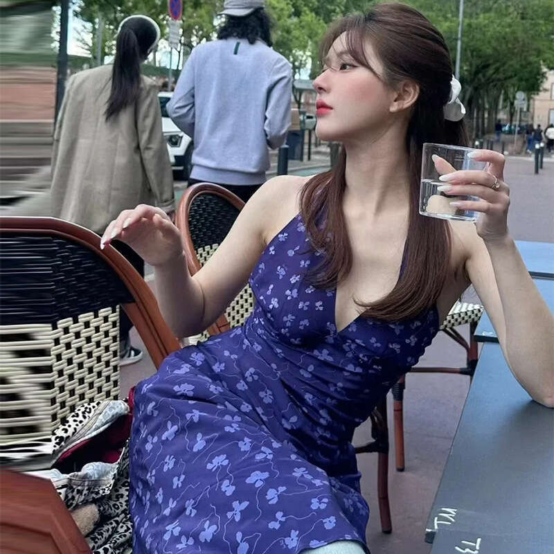Women Dress Dresses for Woman Vestidos 841 Zhao Lusi Same Style Summer New 2025 Purple Print Deep V-neck Backless Slim Fit Silk Dress