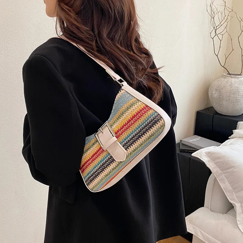 Fashion Rainbow Grass Woven Shoulder Bag Ladies Banquet Bag Spring Light Shoulder Bag with Armpit Bag 250614
