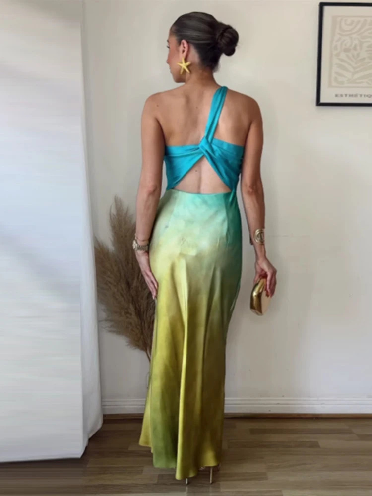 Fashion Diagonal Collar Gradient Print Midi Dress Women One Shoulder Sleeveless Backless Long Dress Summer Lady Party Robe 250616