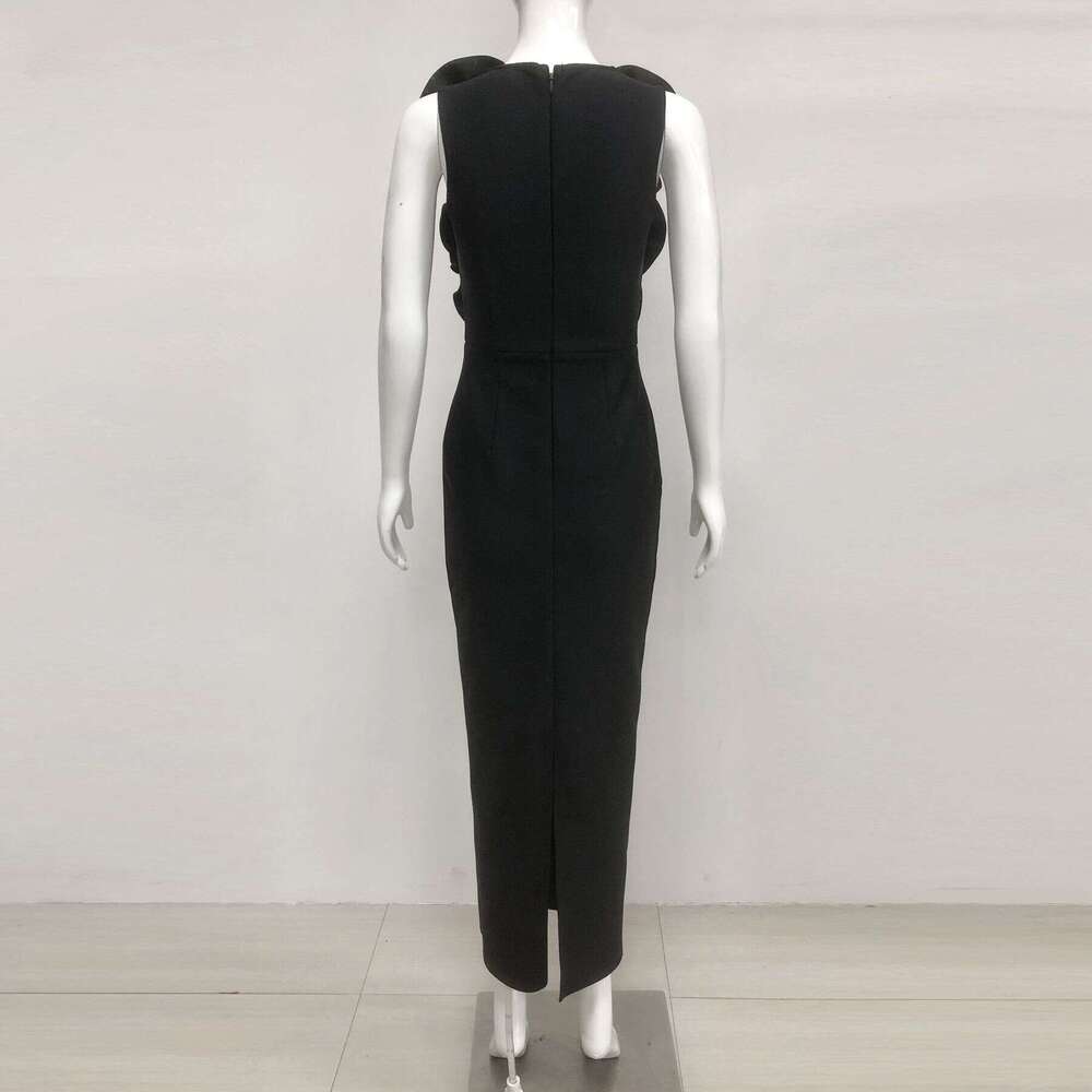 Spring/Summer New Fashion Sexy Sleeveless Floral Slim Waist Black Long Bandage Dress