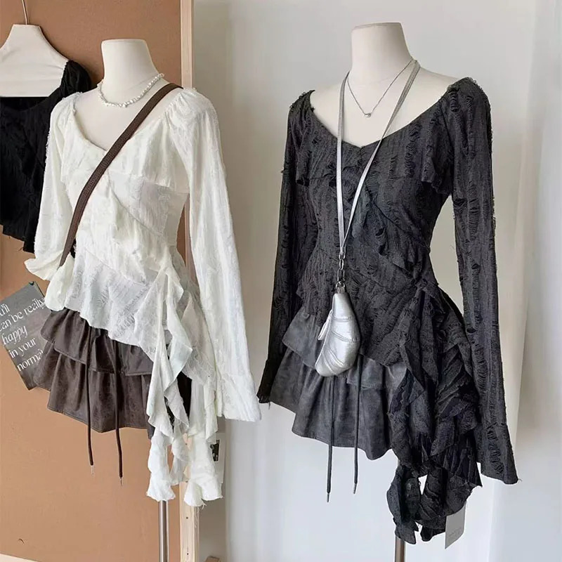 Irregular Patchwork Women T Shirts Y2K Fashion Gothic Ruffled Sleeve Female Tops Streetwear Sexy Hollow Out Hole Casual Tees 250614