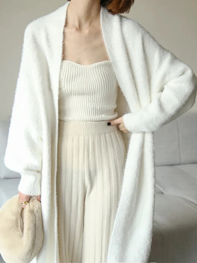 white Long Cardigan for women winter clothes Knitted fluffy long sleeve Cashmere sweater coat clotkorean style warm vintage 250616